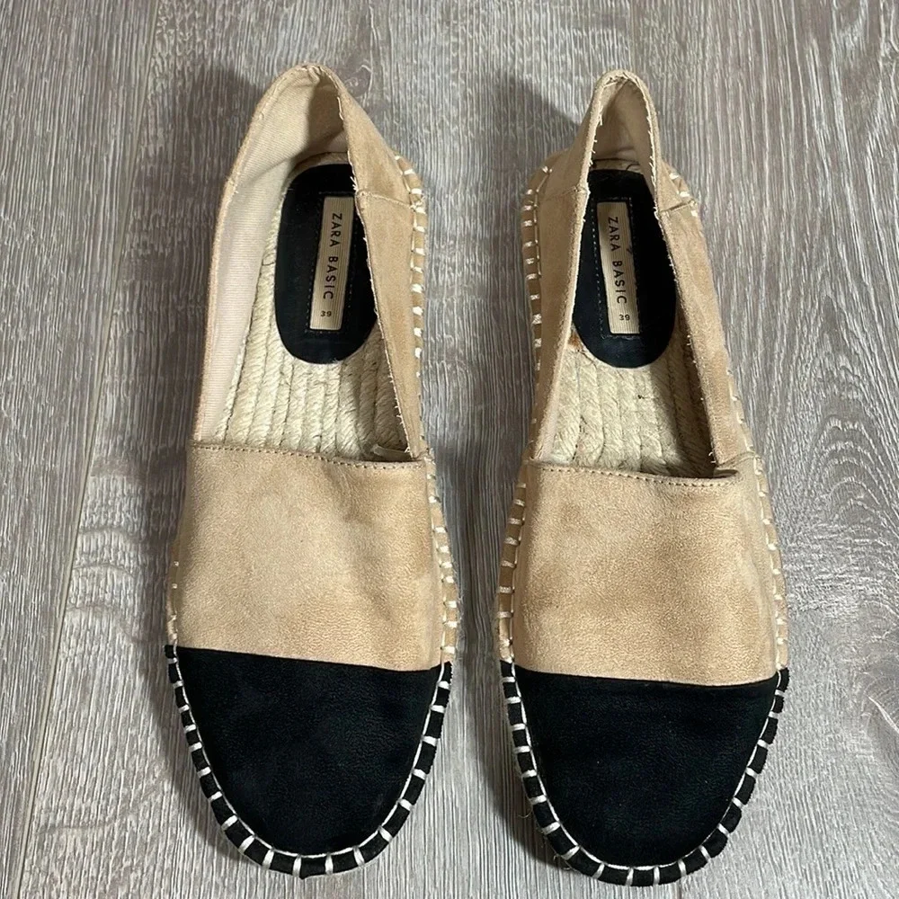 Zara Basic Faux Suede Espadrilles Slip On Flats Black Tan 8.5 (39)